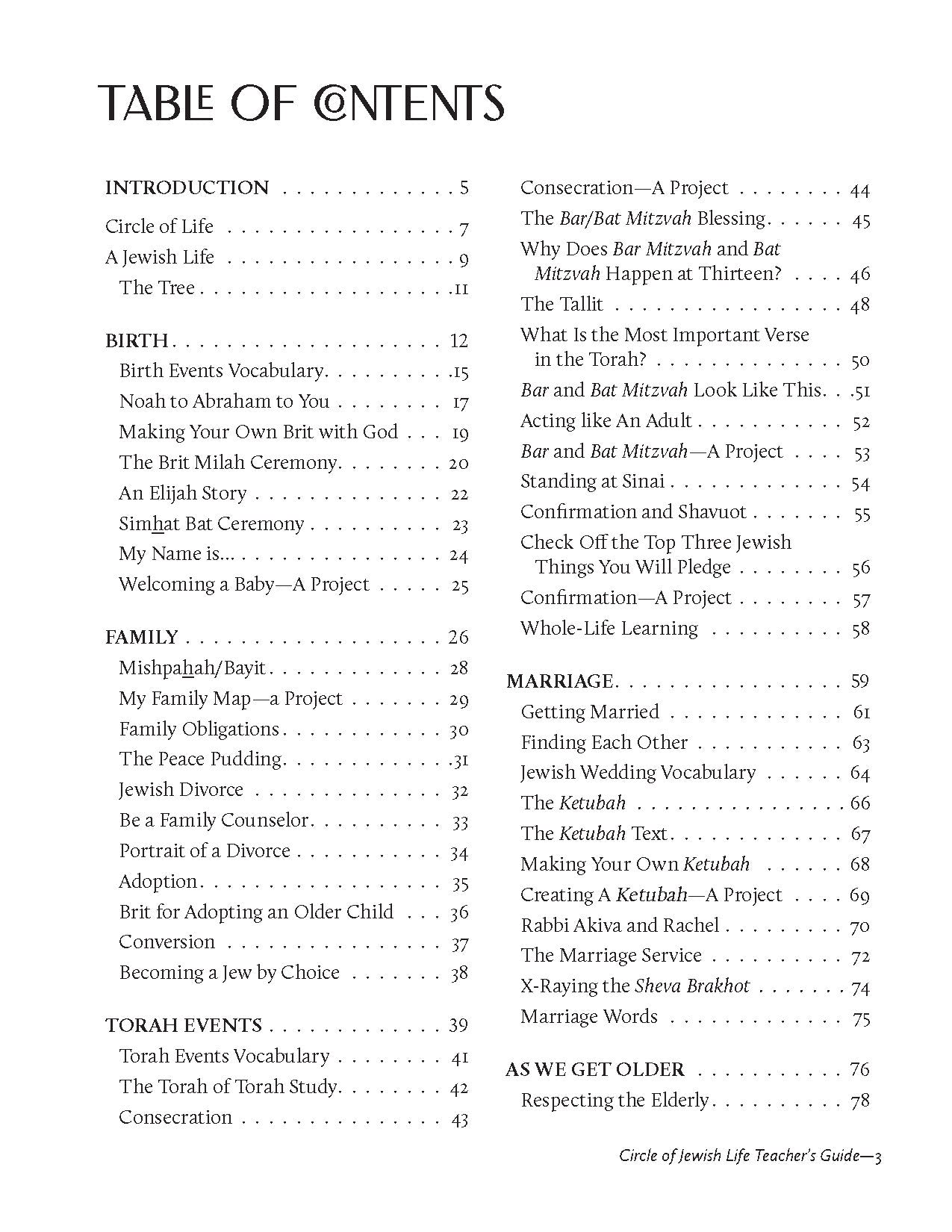 Jewish Life Teacher Guide Second Edition Table of Contents for Grades 4-7.