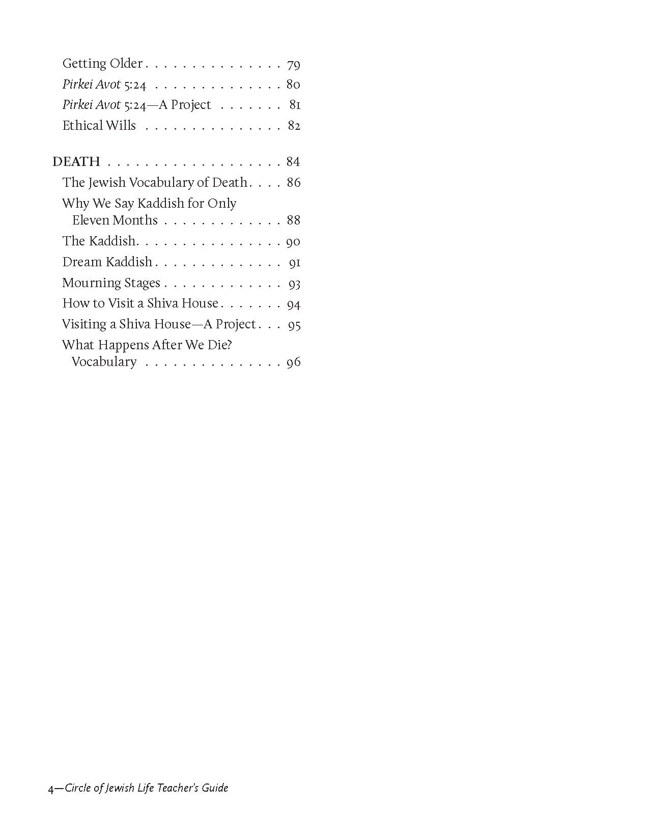 Jewish Life Teacher Guide table of contents page.