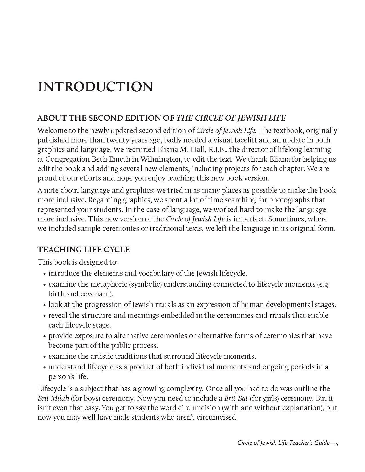 The Circle of Jewish Life Teacher Guide Second Edition - Introduction Page