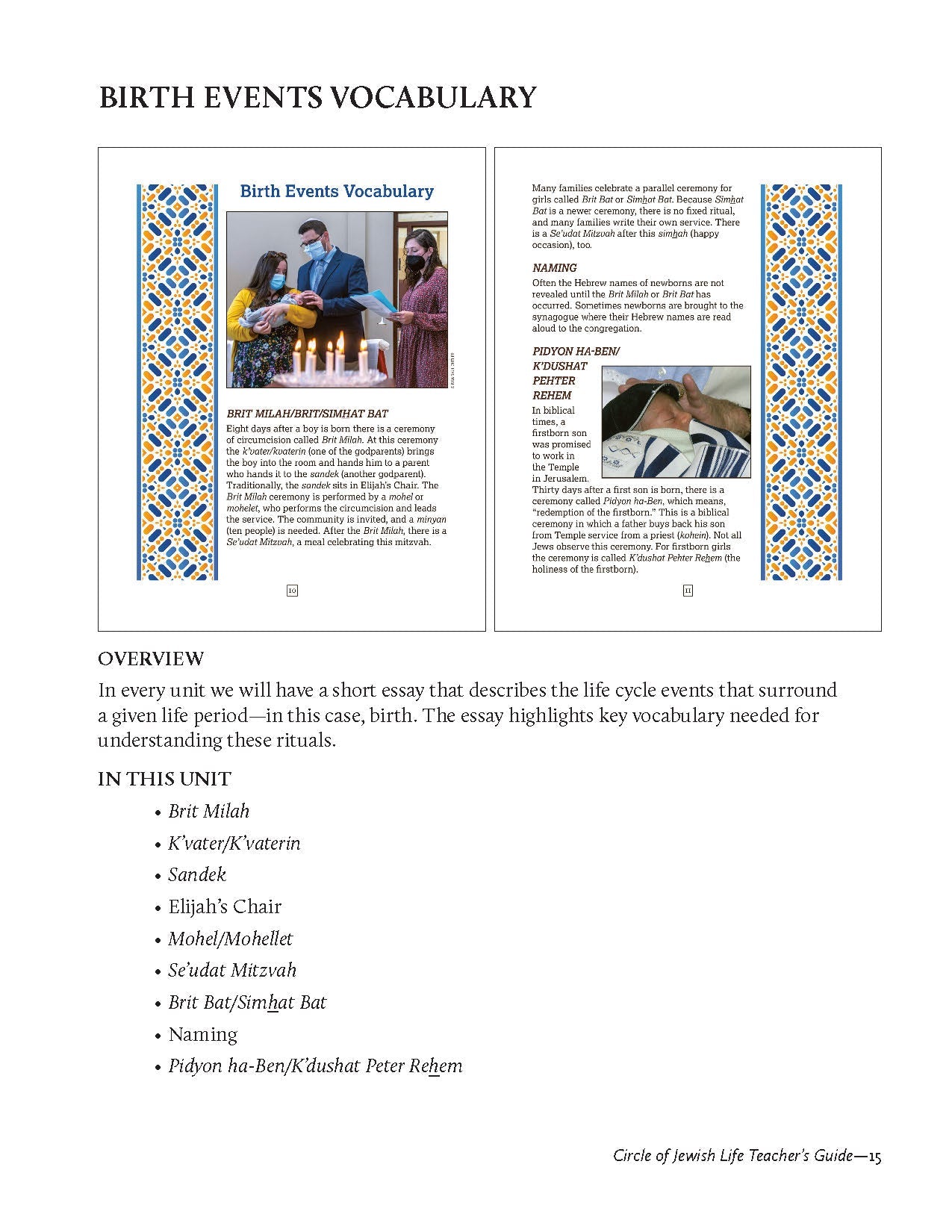 Jewish Life Teacher Guide for Grades 4-7, featuring lifecycle vocabulary and activities.