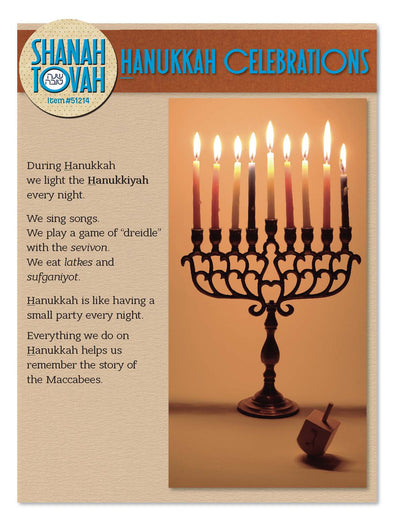 Shanah Tovah Hanukkah celebration educational illustration with menorah and dreidel.