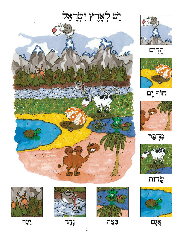 "Daber Ivrit I Have/I Don't Have" Hebrew vocabulary lesson poster featuring illustrations of Israeli landscapes and animals.