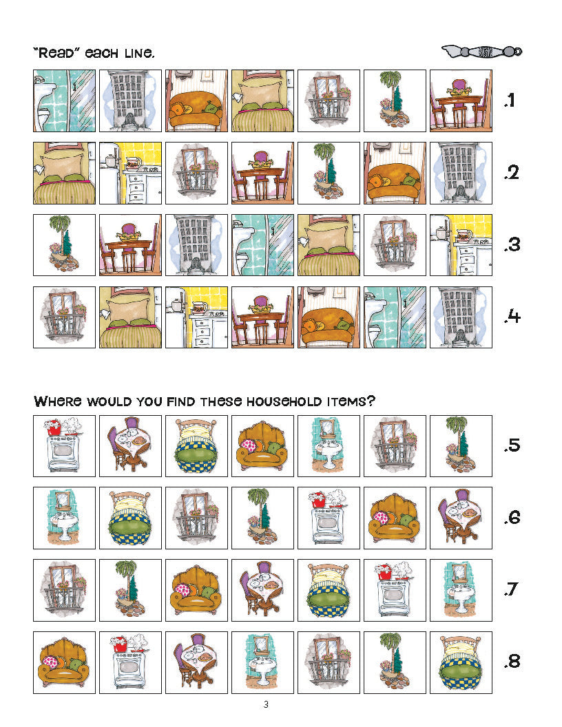 Daber Ivrit lesson worksheet featuring illustrated household items and rooms, including kitchen and bedroom.