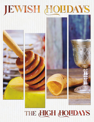 Jewish holidays book cover featuring symbols of Rosh ha-Shanah and Yom Kippur: honey, apple, shofar, and silver cup.