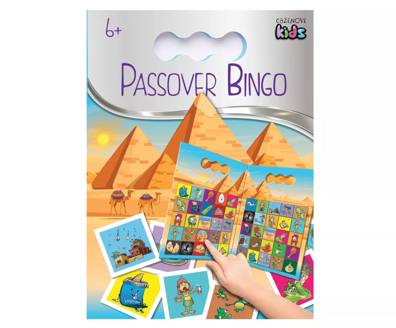 Matzah Ball Bingo (Passover) game for ages 4 and up, featuring vibrant illustrations and Bingo cards.