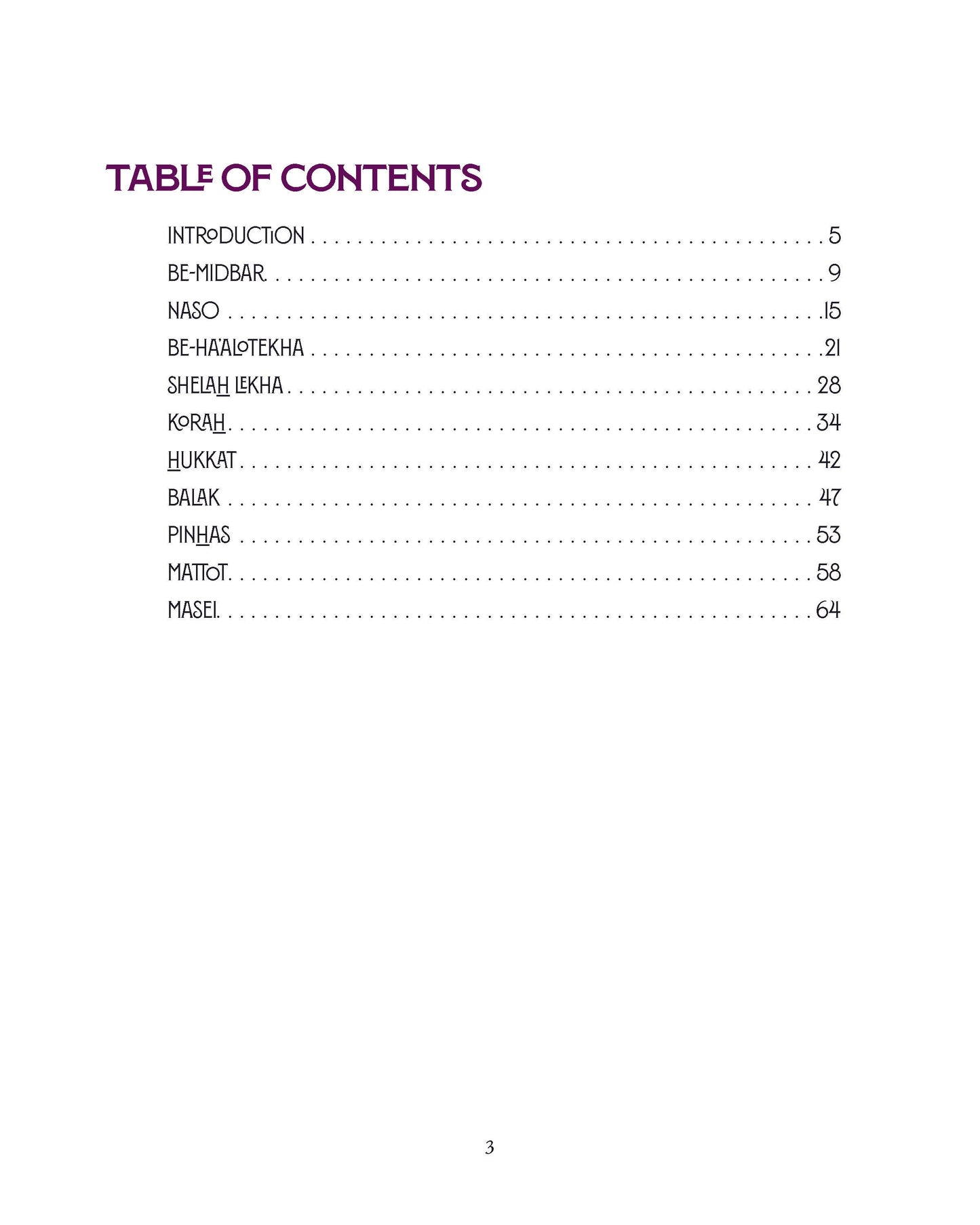 Table of contents for "Parashah - The Book of Numbers", featuring chapters like Be-Midbar and Korah.