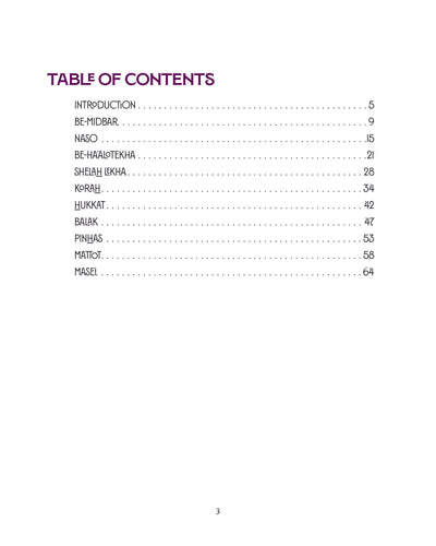Table of contents for "Parashah - The Book of Numbers", featuring chapters like Be-Midbar and Korah.