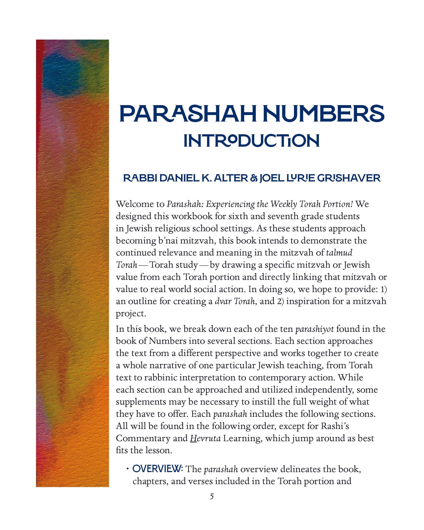Parashah Numbers book introduction page from Rabbi Daniel K. Alter and Joel Lurie Grishaver, highlighting Torah education for grades 6 to adult.