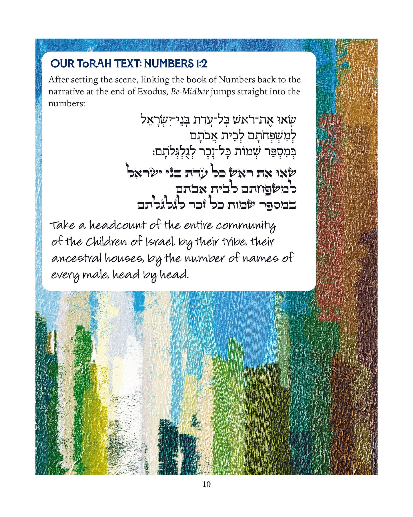 Parashah - The Book of Numbers educational material for pre-Bar/Bat Mitzvah students with Hebrew verse and colorful abstract background.