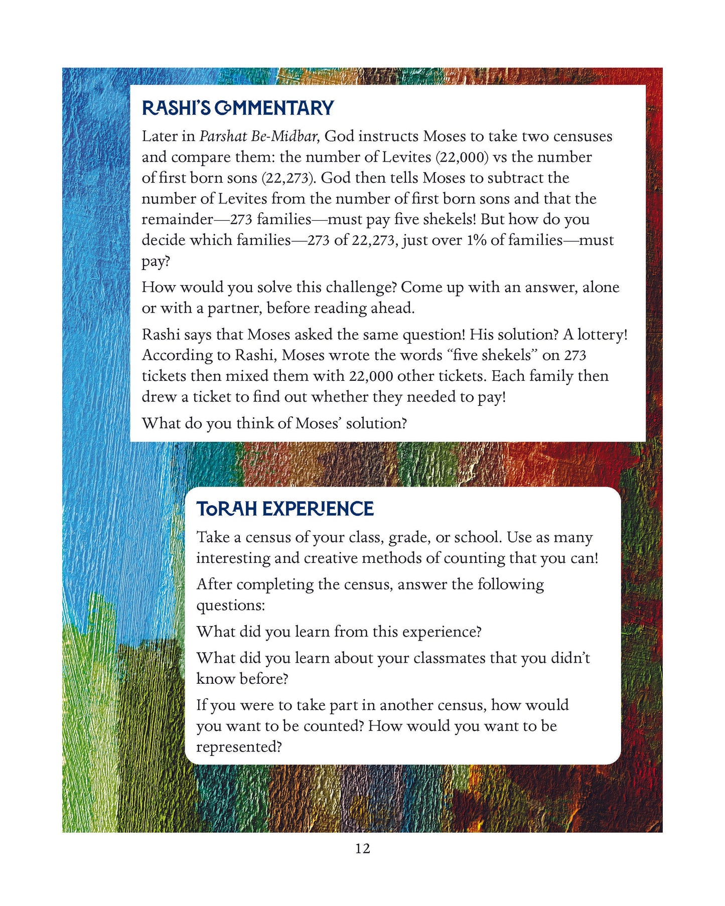 Educational page from "Parashah - The Book of Numbers" by Rabbi Daniel K. Alter, featuring Rashi's commentary and Torah experience activities.