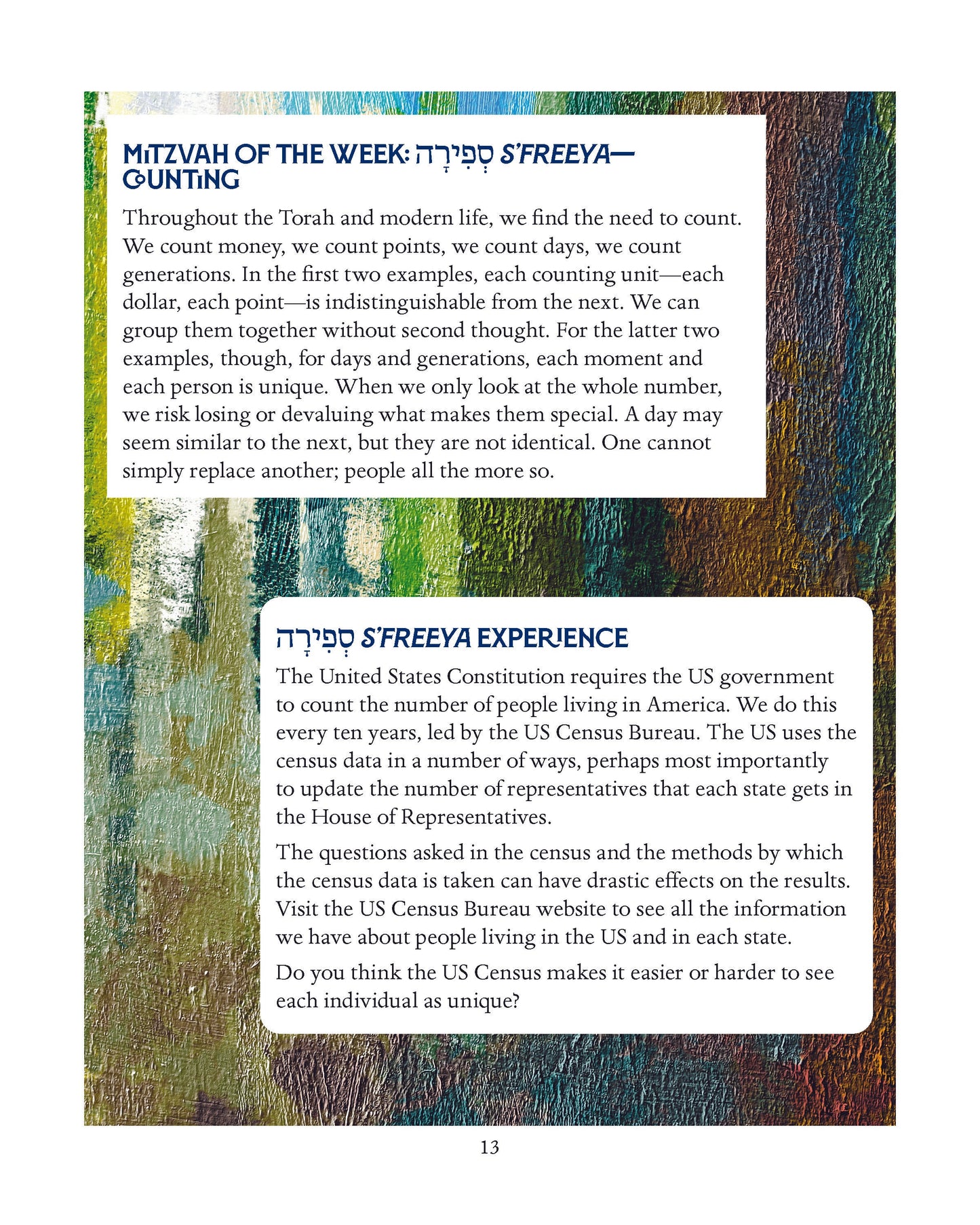 Page from "Parashah - The Book of Numbers," featuring Mitzvah of the Week and S'freeya experience activities.