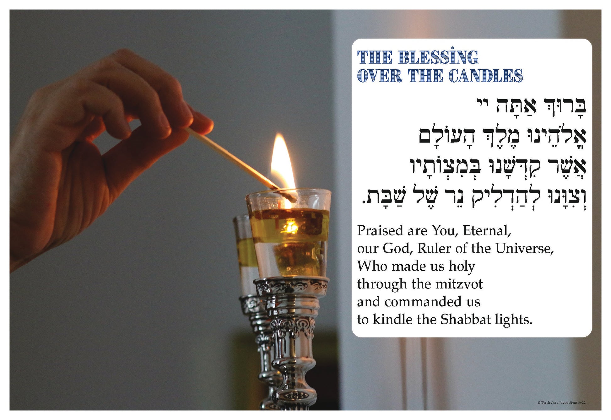 Shabbat Brakhot Candle Blessing Poster with Hebrew and English text, includes candle lighting image.