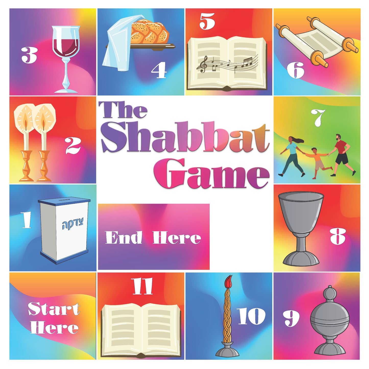 Board game illustration for "The Shabbat Game" showcasing Shabbat rituals and activities in a colorful design.