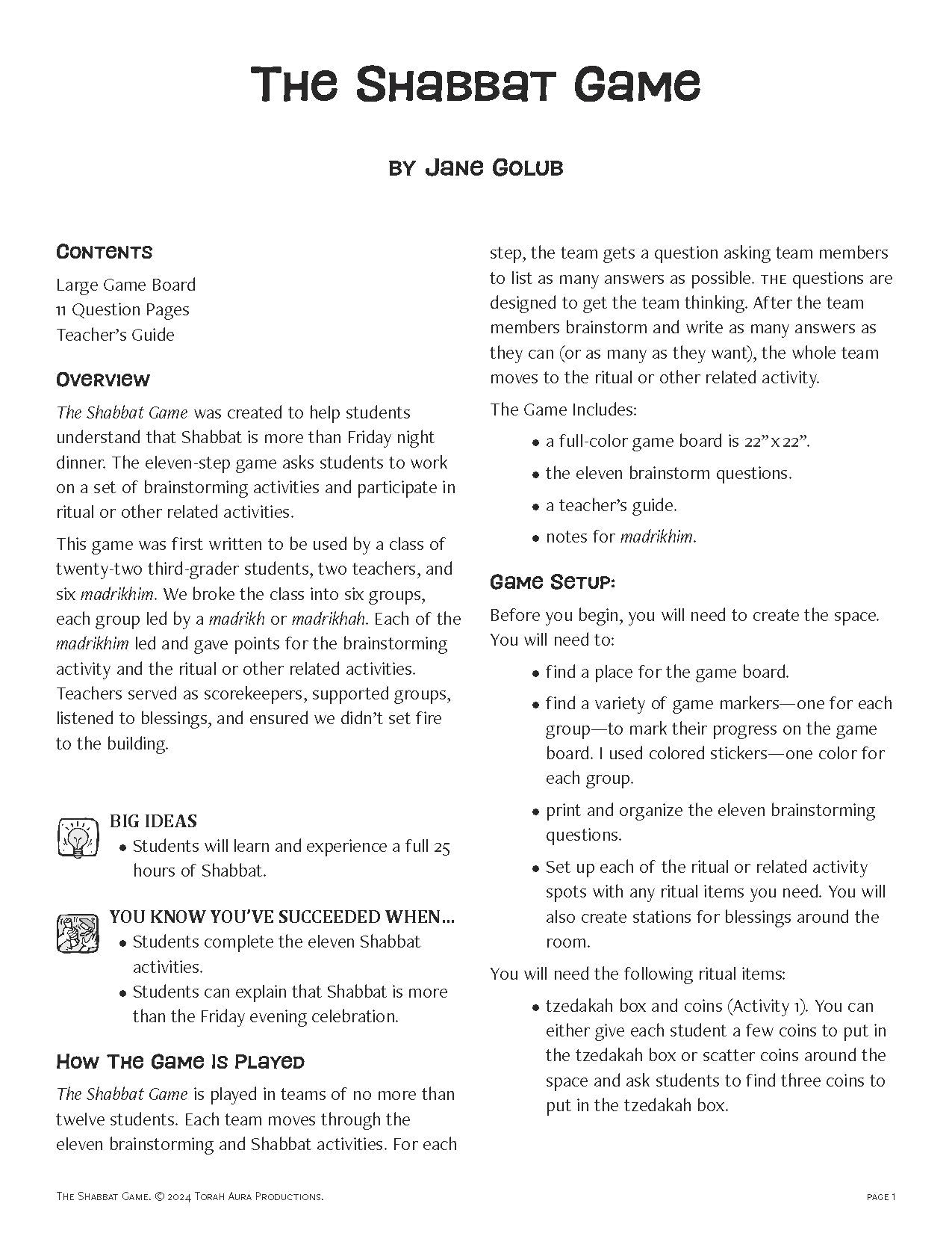 Shabbat Game board with instructions and setup details.
