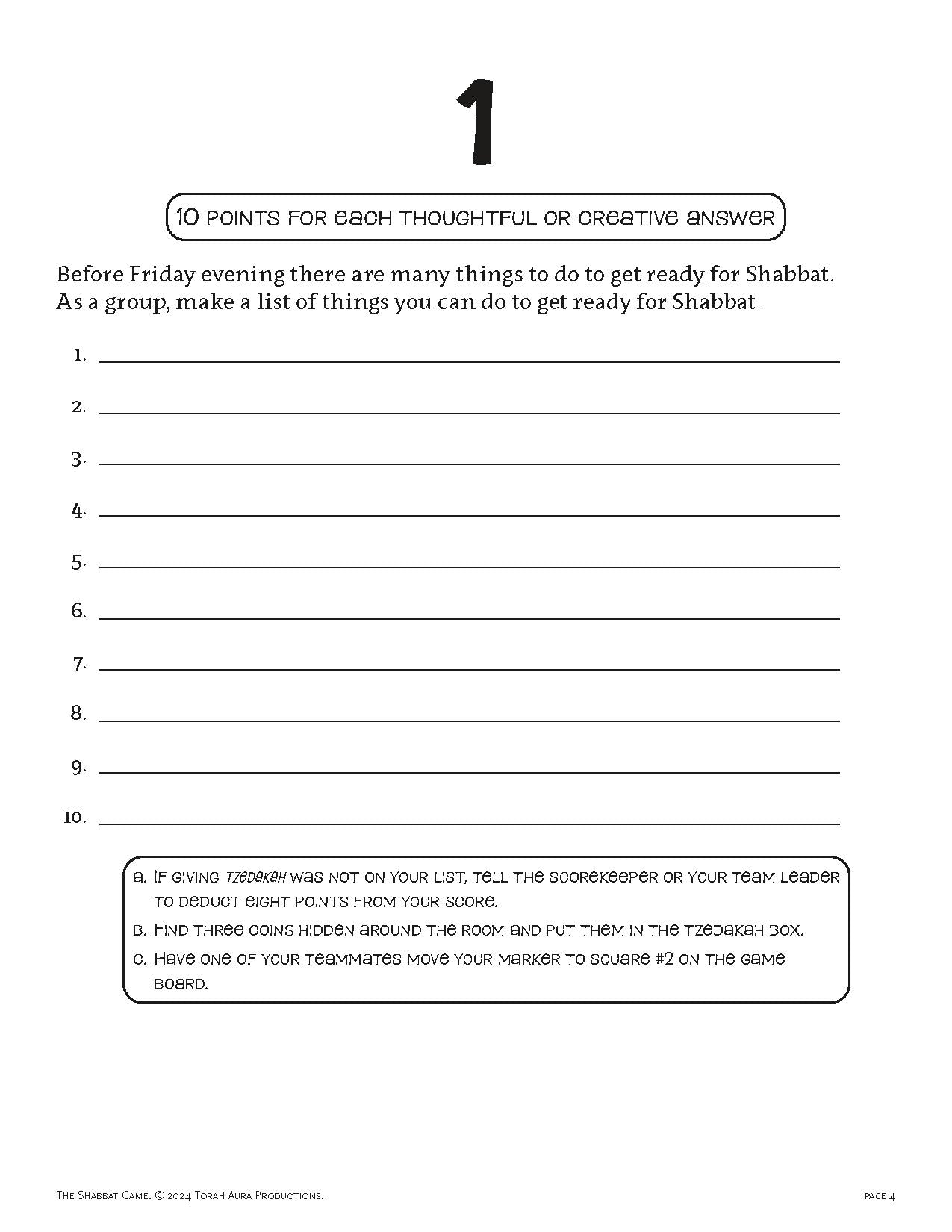 Worksheet from "The Shabbat Game" detailing pre-Shabbat preparation activities for teams.