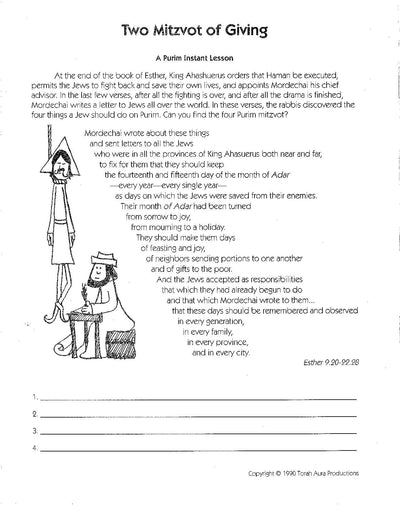 Two Mitzvot of Giving Purim lesson worksheet for grades 4-7 with illustrations and text about Shelach Manot and Matanot la'Evyonim.