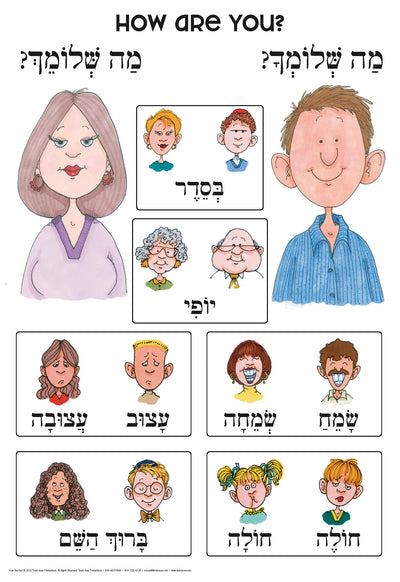 Colorful Hebrew poster teaching phrases like "How are you?" with illustrations for emotions; size 22" x 32", tear-resistant material.