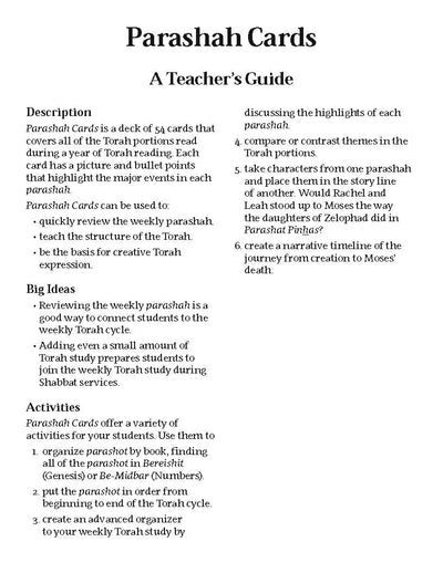 Parashah Cards deck includes 54 cards covering all Torah portions for yearly study, featuring images and key events for learning and teaching activities.