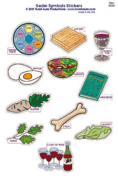 Passover Seder Symbols Stickers featuring eleven traditional Seder items on a 5.5 x 8.5-inch sheet.