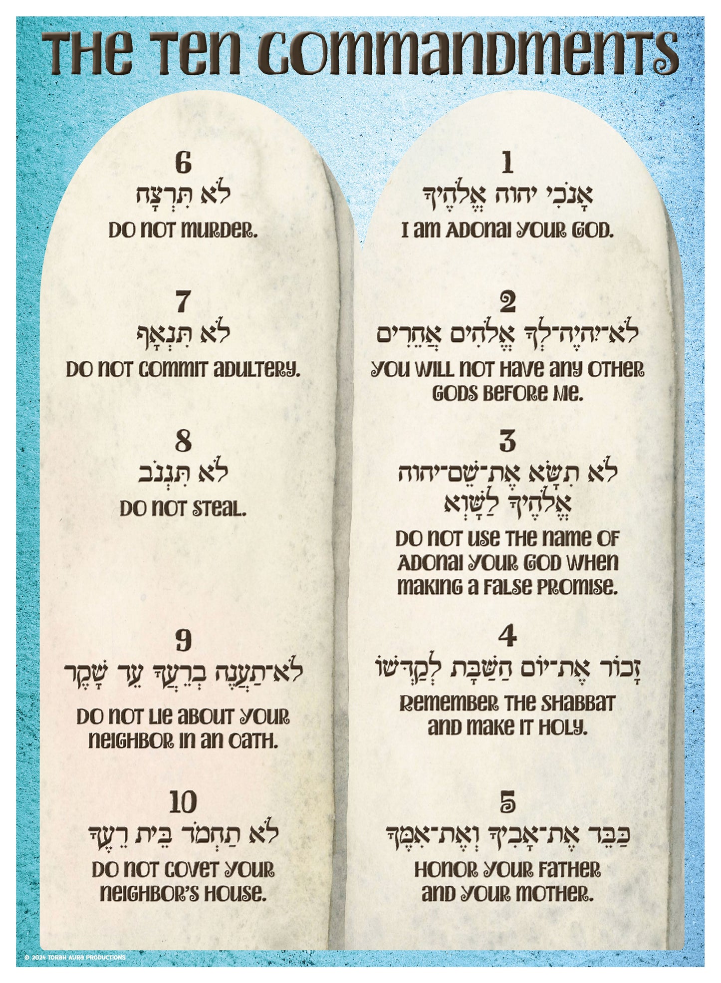 Ten Commandments poster featuring Hebrew and English text in two design options, available in multiple sizes and formats.