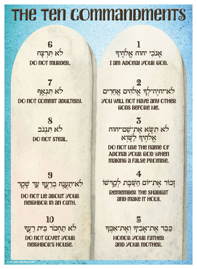 Ten Commandments poster featuring Hebrew and English text in two design options, available in multiple sizes and formats.