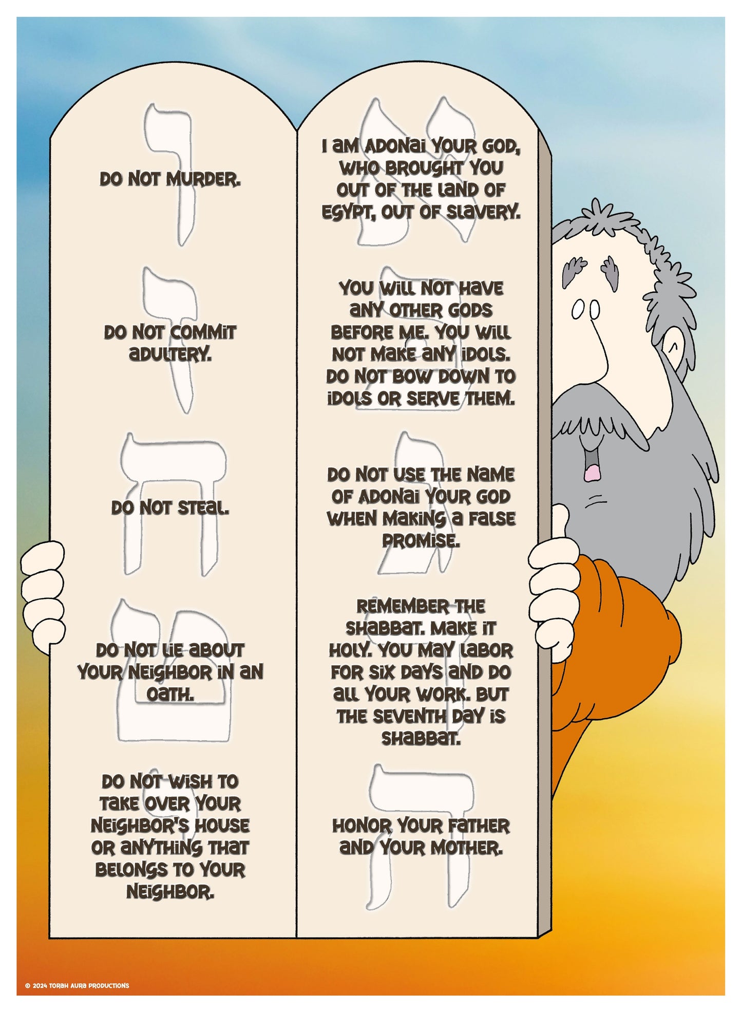 Colorful Ten Commandments poster featuring Moses holding tablets with Hebrew and English text.