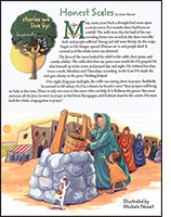 Stories We Live By: Honest Scales, Jewish folktale lesson for grades 4-7, illustrated page with rabbinic characters.