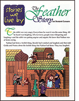 Stories We Live By: The Feather Story book cover featuring illustrated characters discussing outside a wooden house.