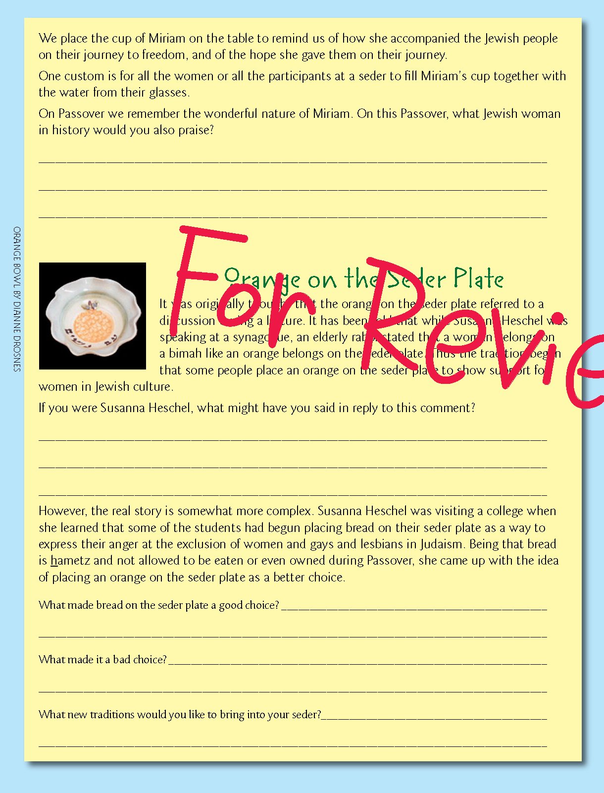 Whole School Passover 6: Miriam's Cup and the Orange on the Seder Plat