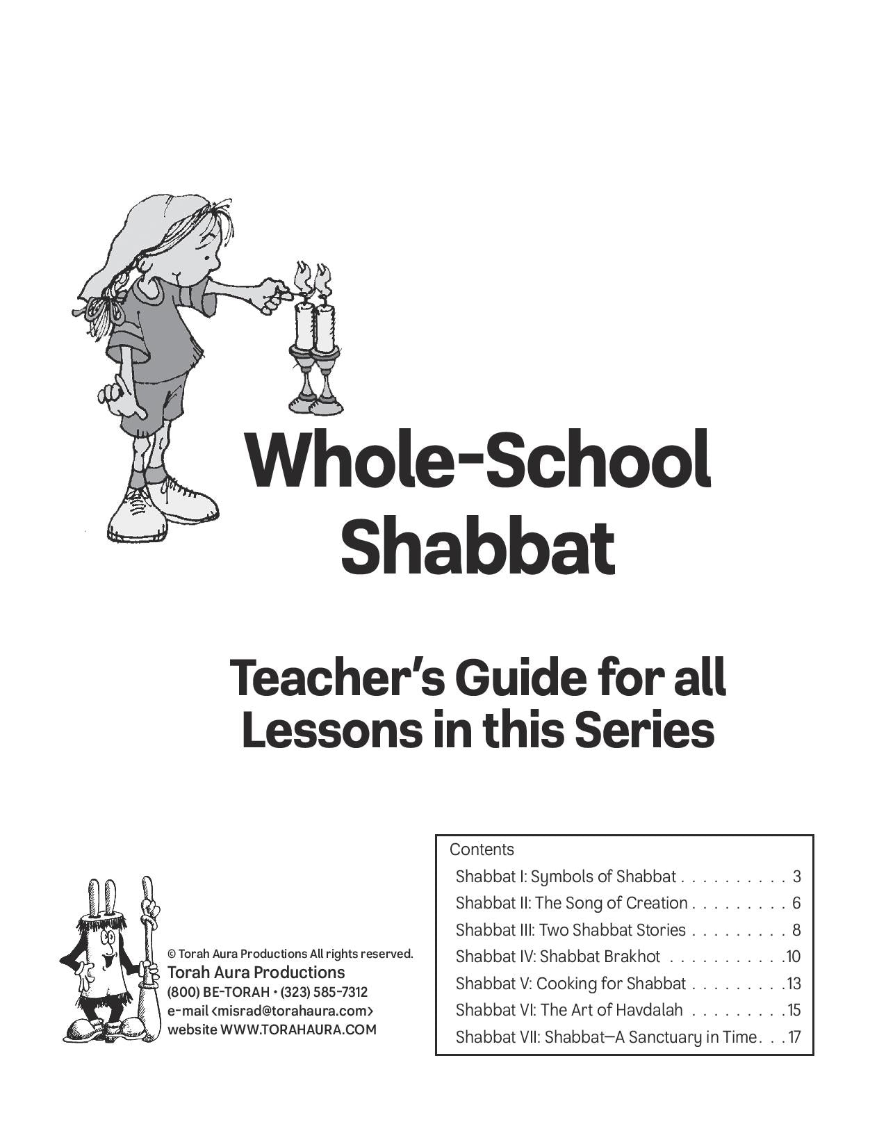 Whole School Shabbat Teacher Guide cover with lesson contents list.