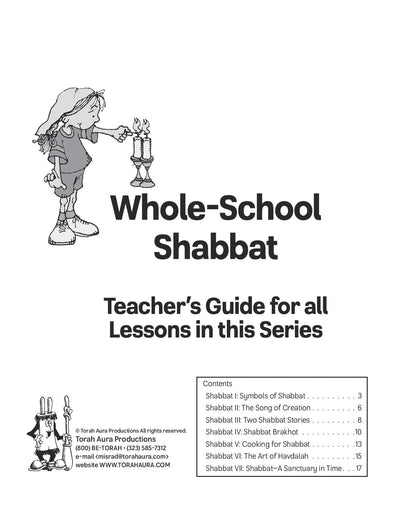Whole School Shabbat Teacher Guide cover with lesson contents list.