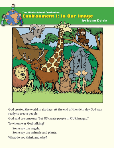 Whole School Environment 1: In Our Image lesson cover featuring animals and a tree.