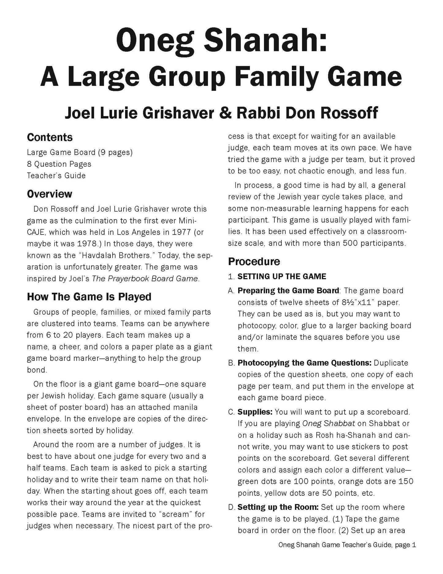 Oneg Shanah Board Game