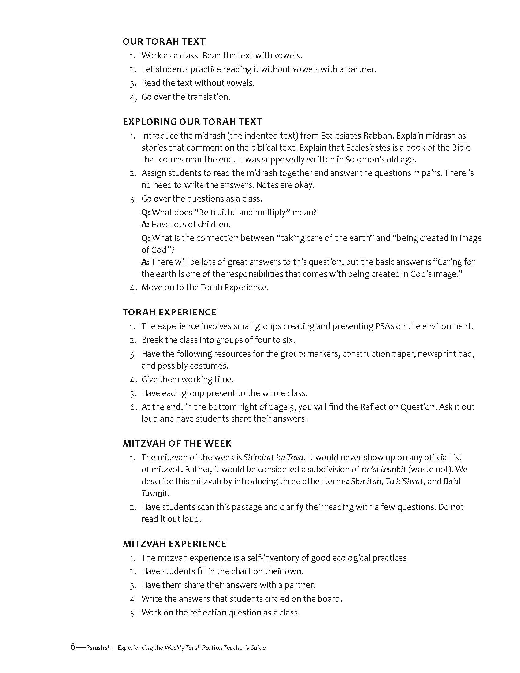 Parashah Experiencing the Weekly Torah Portion Teacher Guide