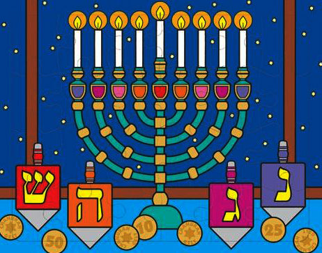 Chanukah Puzzle for ages 3+, 24 pieces with shadow image guide, featuring menorah and dreidels.