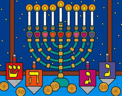 Chanukah Puzzle for ages 3+, 24 pieces with shadow image guide, featuring menorah and dreidels.