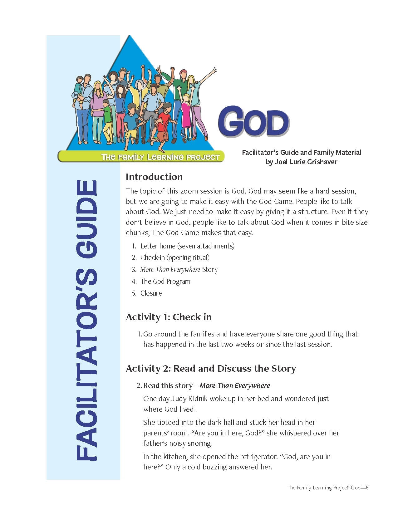 Facilitator's guide for "Family Learning Project: God," featuring lessons on understanding God for families with children in grades 1–6.