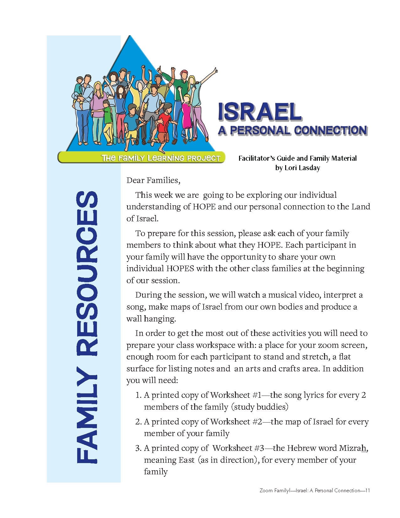 Family Learning Project: Israel—A Personal Connection guide cover with family resources for Jewish education.