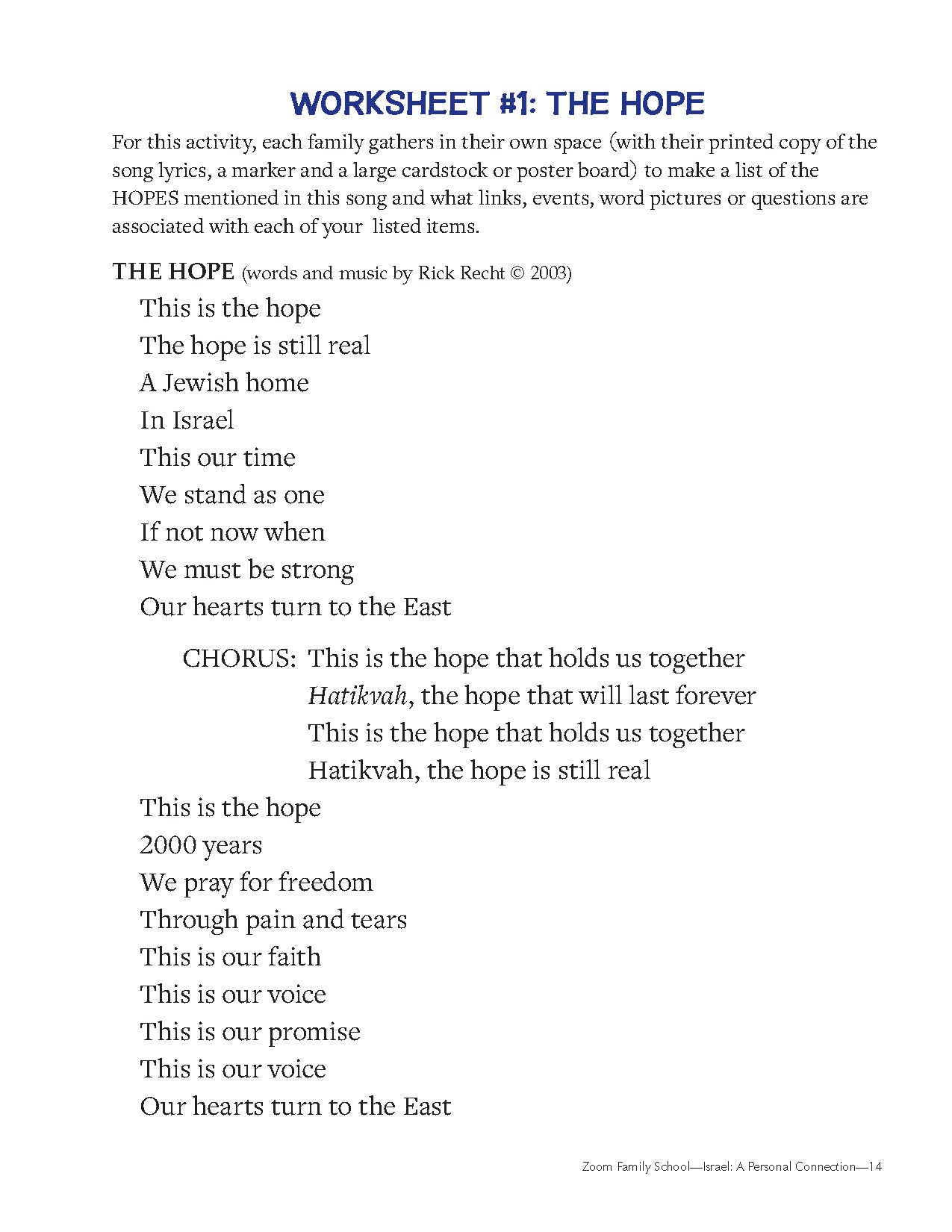Worksheet for the Family Learning Project: Israel—A Personal Connection, featuring "The Hope" song activity.