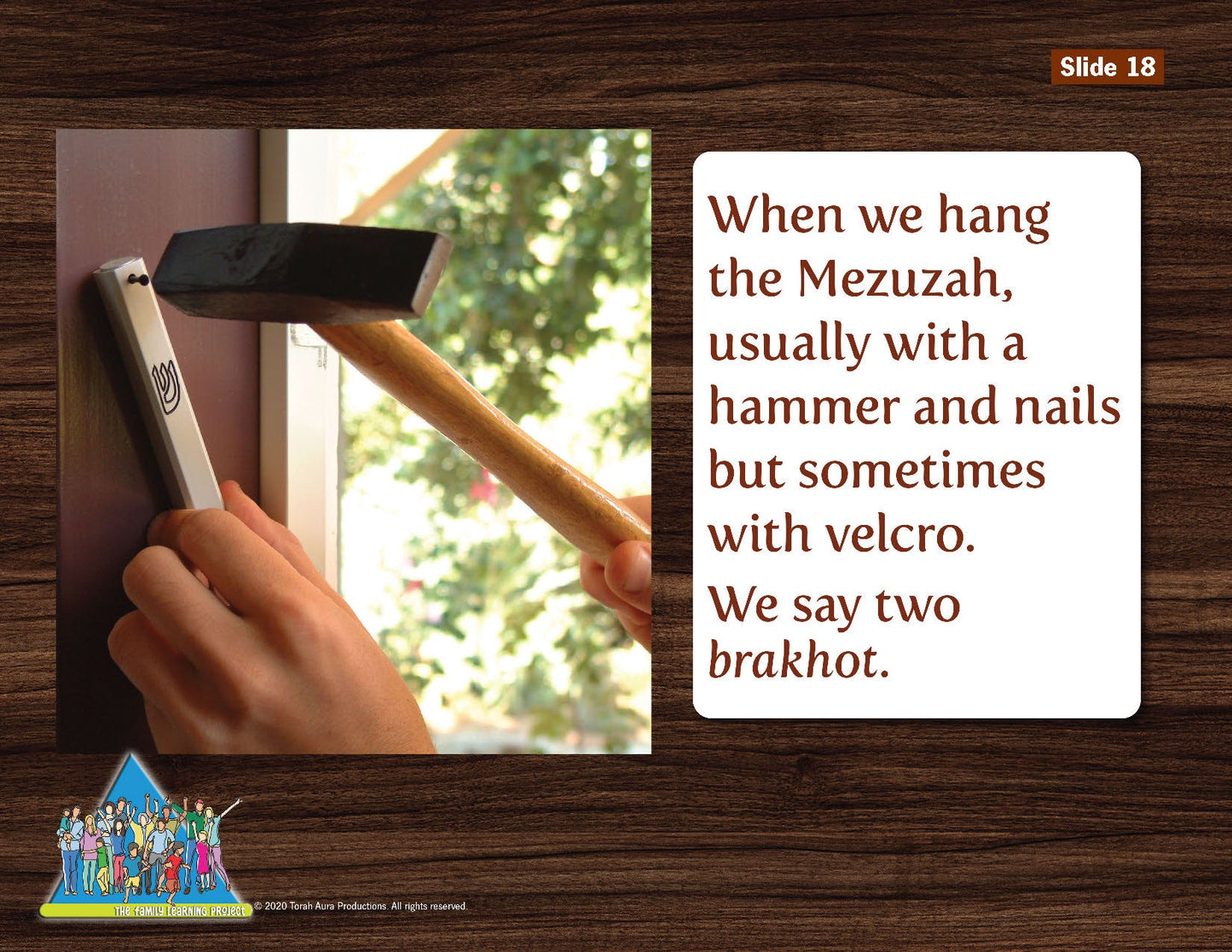 Family Learning Project Mezuzah lesson, featuring instructions on affixing a mezuzah with a hammer.