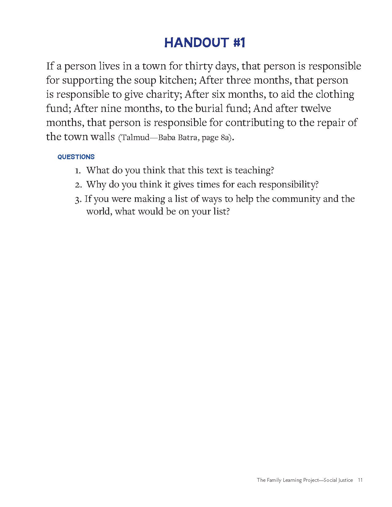 Handout page from Family Learning Project: Judaism & Social Justice, featuring discussion questions on community responsibility.