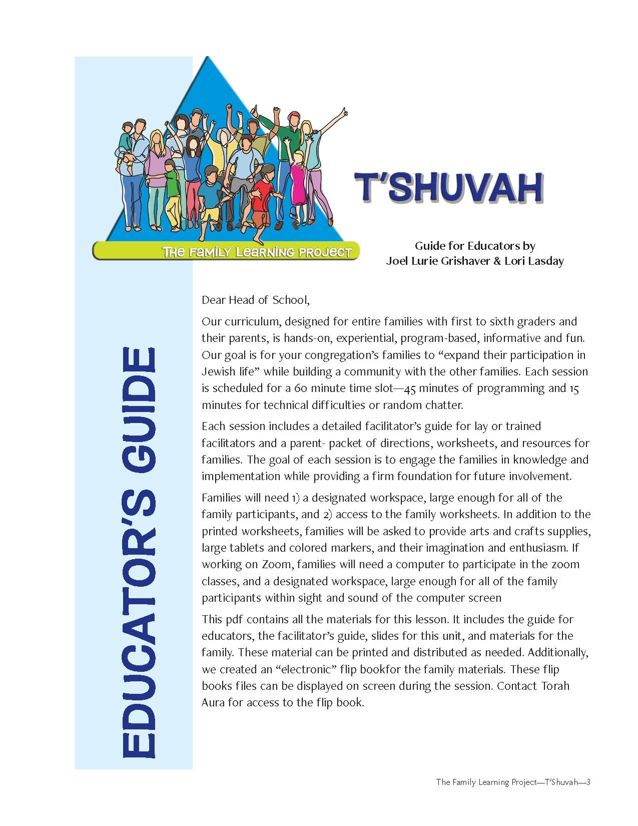 Educators guide for the Family Learning Project on T'shuvah, featuring curriculum details and project materials.