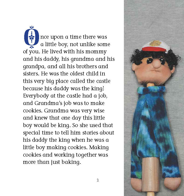 Page from "Grandma’s Cookies" book, showing text and puppet image.