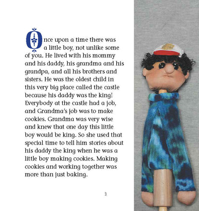 Page from "Grandma’s Cookies" book, showing text and puppet image.