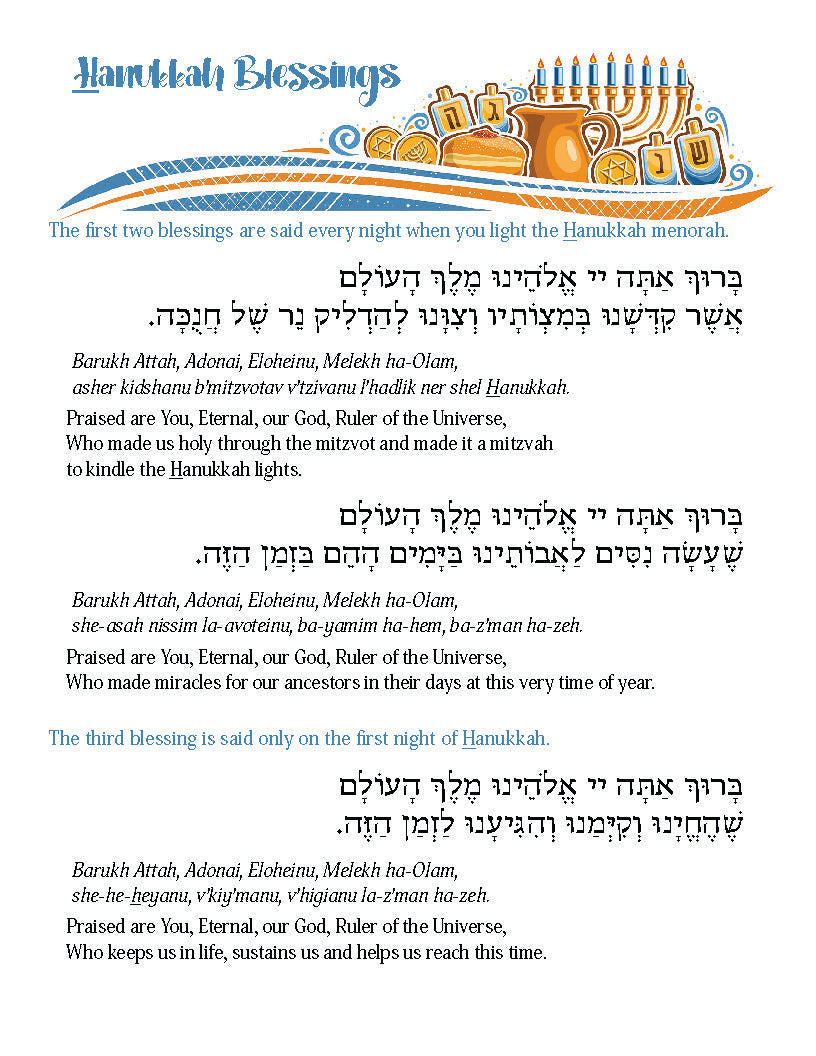 Hanukkah Brakhot Blessing Card with Hebrew prayers and menorah illustration.