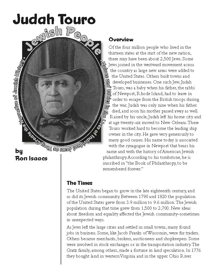 Judah Touro educational material for grades 4-6 exploring Jewish history and influential figures.
