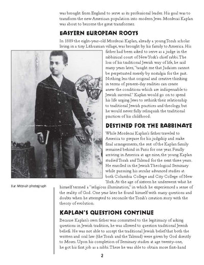 Page from a book on Mordecai Kaplan's early life and influence on Jewish traditions.