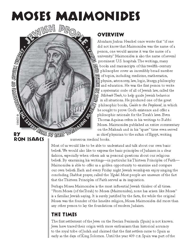 Illustration of Moses Maimonides surrounded by text about his life and contributions to Jewish history for grades 4-6 educational material on Jewish People