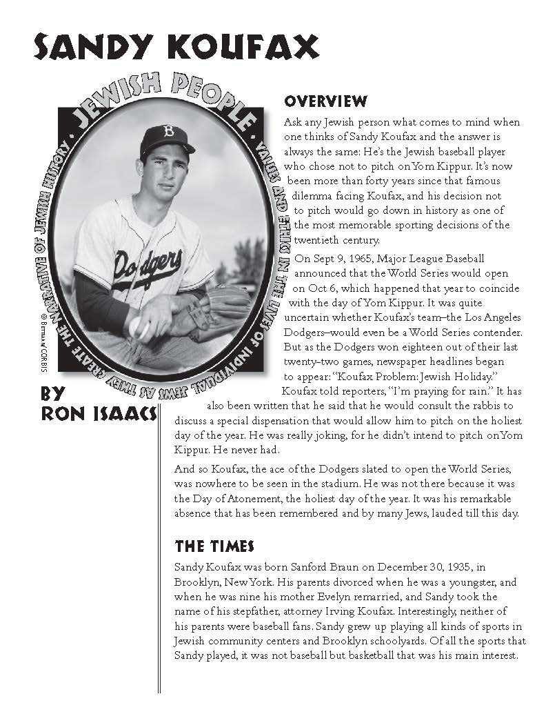 Sandy Koufax educational material for grades 4-6, focusing on Jewish history through individual biographies.