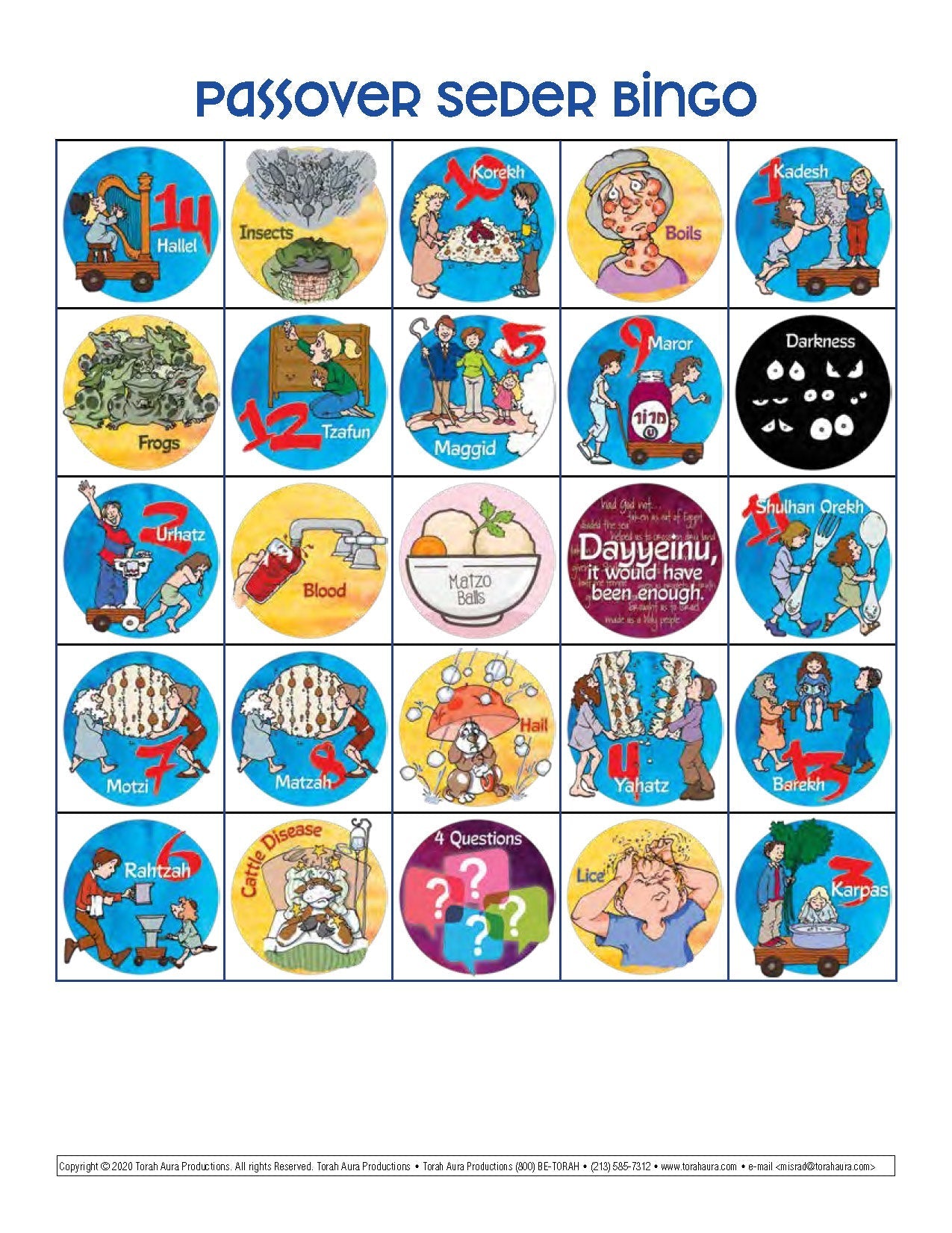 Passover Seder Bingo Game board featuring seder steps, ten plagues, and key elements.